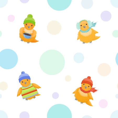Seamless pattern with cute birds and balls. Texture for fabric, wrapping paper. Cold season background.のイラスト素材