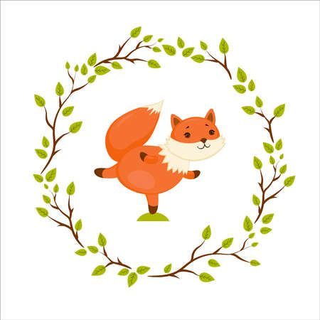 Cute red fox does yoga exercise in a tree branches frame. Isolated illustration on white background. Kids print design.のイラスト素材