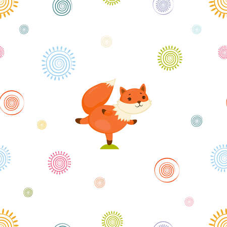 Seamless pattern with cute red fox doing yoga exercise. Kids print design.のイラスト素材