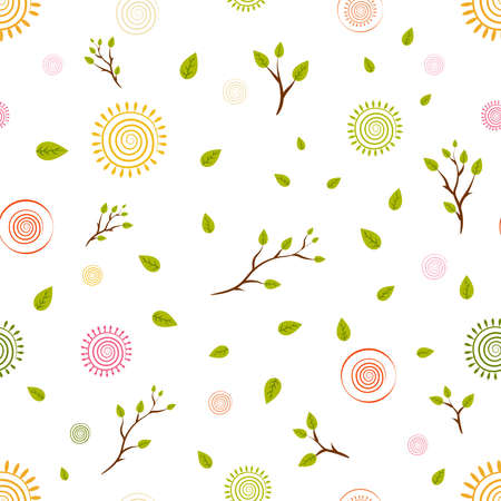Seamless pattern with tree branches and sun symbols. Healthy life design.のイラスト素材