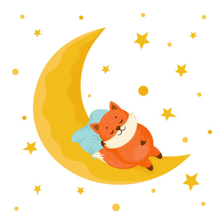 Cute sleeping red fox on the moon. Isolated illustration on white background. Kids print design.のイラスト素材