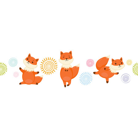 Seamless border with cute red fox doing yoga exercises. Kids print background.のイラスト素材