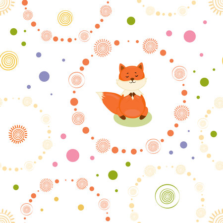 Seamless pattern with circles and fox making yoga. Nature and healthy life style design.のイラスト素材