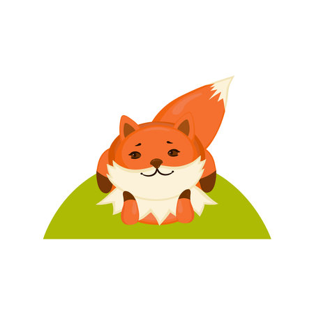 Cute red fox in lying posture. Picture for yoga and relaxation exercises. Isolated illustration on white background. Kids print design.のイラスト素材