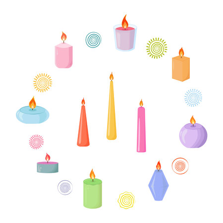 Decorative candles collection with sun symbols elements. Aromatherapy decor clipart. Hand drawn style.のイラスト素材