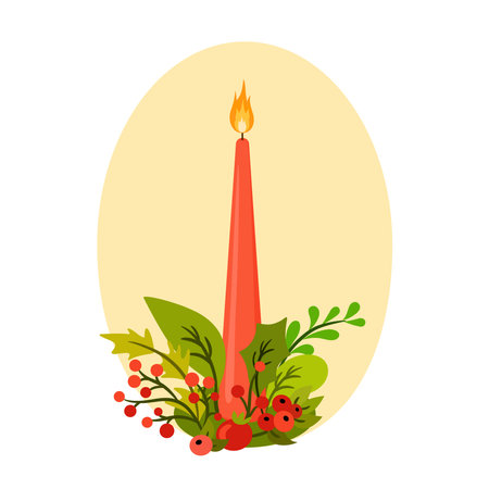 Christmas composition with red candle, leaves and berriesのイラスト素材