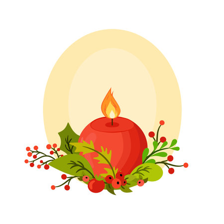 Christmas composition with red candle and leavesのイラスト素材