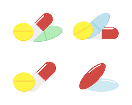Vector icon of green, blue, red, yellow pills and capsulesのイラスト素材