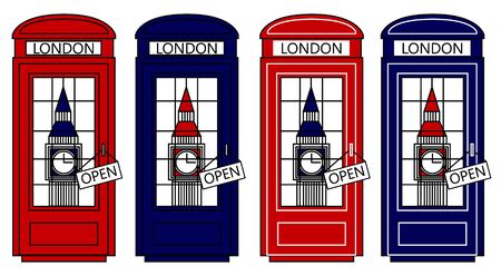 Multicolored Vector London city concept. Big Ben and telephone box. Set of telephone boxes. Vector illustrationのイラスト素材