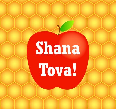 Vector greeting card for Rosh Hashanah (Jewish New Year). "Shana Tova" (Happy New Year). Red Apple on honeycomb background.のイラスト素材
