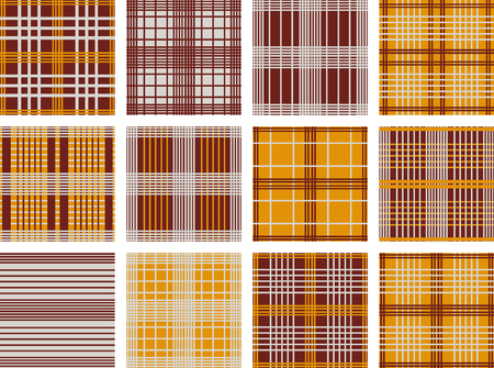 Set of line Vector seamless patterns.Orange, grey and brown background. Checkered, plaid, stripped patterns. Autumn color.のイラスト素材