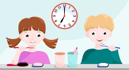 Two children in bathroom brushing their teeth - illustrationのイラスト素材