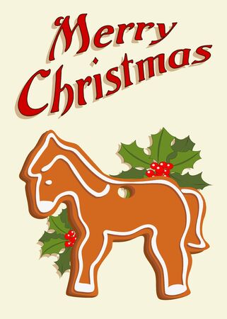 illustrated decorated christmas card with gingerbread horse, vintage, hand drawnのイラスト素材