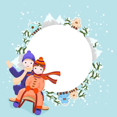 boy and girl  ride in a sleigh, winter background with snow, tres, mountains and housesのイラスト素材