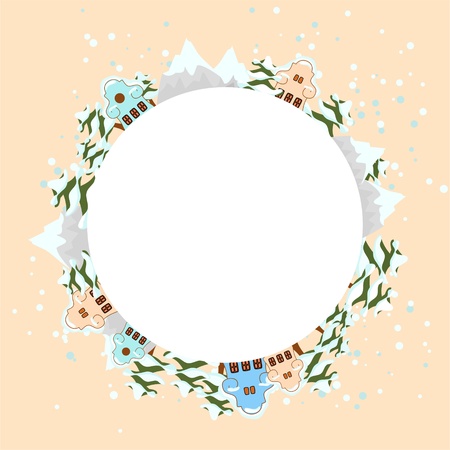 winter background with snow, tres, mountains and housesのイラスト素材