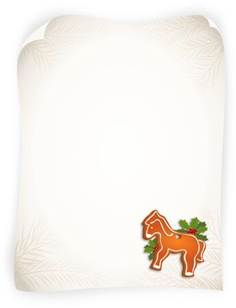 Bitmap illustration of  gingerbread horse and branches of holly on empty vintage sheet - with copy spaceの写真素材