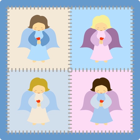 Four cute colorful angels on patchwork background -  illustrationのイラスト素材