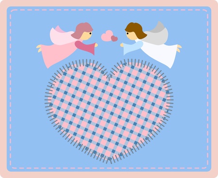 Two beautiful little angels with a patchwork hart on a blue background - illustrationのイラスト素材