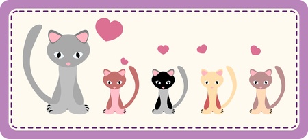 cat-mum with four colorful kittens on patchwork background - illustrationのイラスト素材