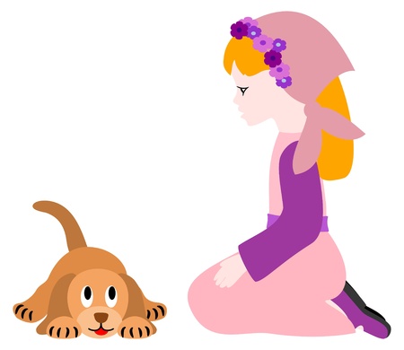 Vector girl playing with puppy - isolated on white backgroundのイラスト素材