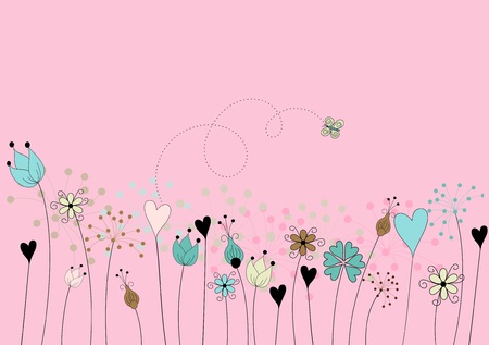 abstract flowers on meadow with butterfly on pink background - hand drawn stylizedのイラスト素材