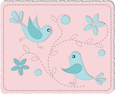 Blue quilted birds on pink background - illustrationのイラスト素材