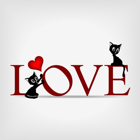 Red word "love" with two comic beautiful kittens an little red hearts on gray backgroundのイラスト素材