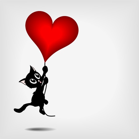 beautiful black kitty holding tilted big red heart on gray background - vector illustrationのイラスト素材