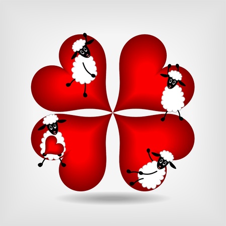 four red hearts and four cute sheep on gray background - vector illustrationのイラスト素材