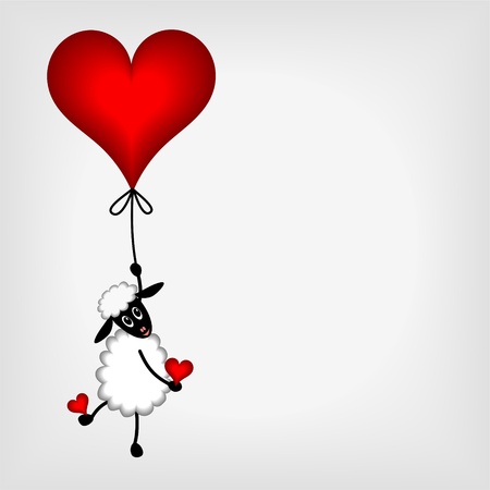 cute little lamb hanging on red heart - balloon - vector illustrationのイラスト素材