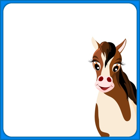 cute brown and white horse in empty frame with blue border and white background - illustrationのイラスト素材