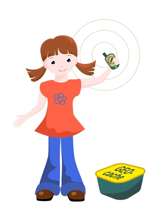 girl with GPS navigator and geocache isolated on white backgroundのイラスト素材