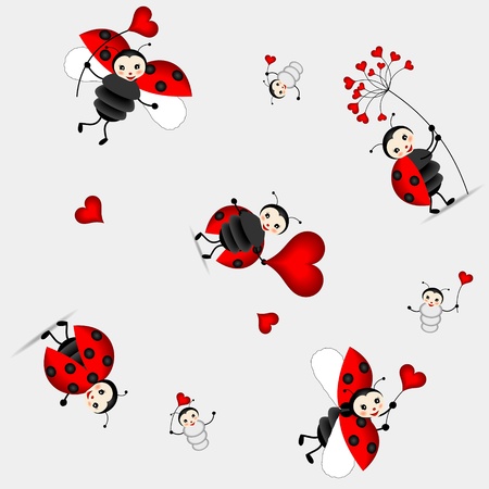 seamless background for children with beautiful ladybug and red heartsのイラスト素材