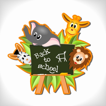 little cartoon elephant, giraffe, lion and zebra  with blackboard and text Back to school - vector illustrationのイラスト素材
