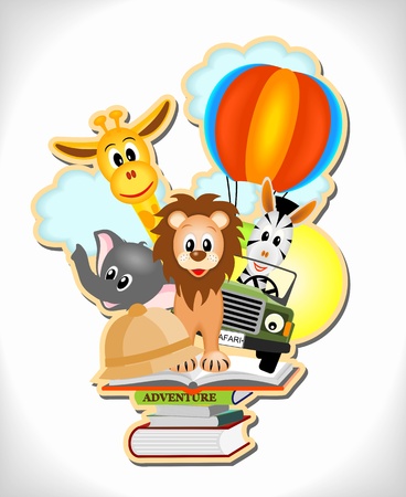 wild animals, hot air balloon and car with adventure booksのイラスト素材