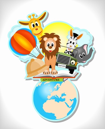 wild animals, hot air balloon, book and car with earthのイラスト素材