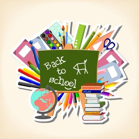 conceptual illustration of suppliers and blackboard with text  Back to school のイラスト素材