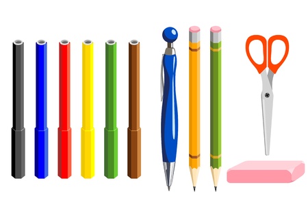 markers, ballpoint, pencils, rubber and scissors on white backgroundのイラスト素材