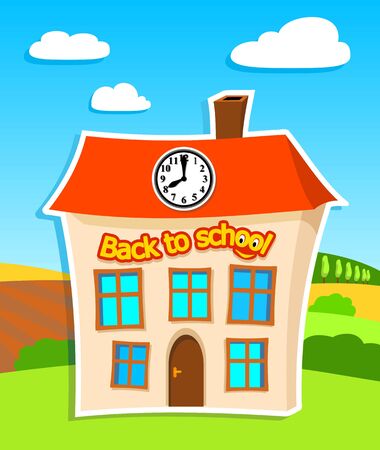 illustration of school building with text  back to school  in summer landscape - vector illustrationのイラスト素材