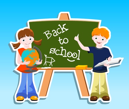 boy and girl  with blackboard and text Back to school - vector illustrationのイラスト素材