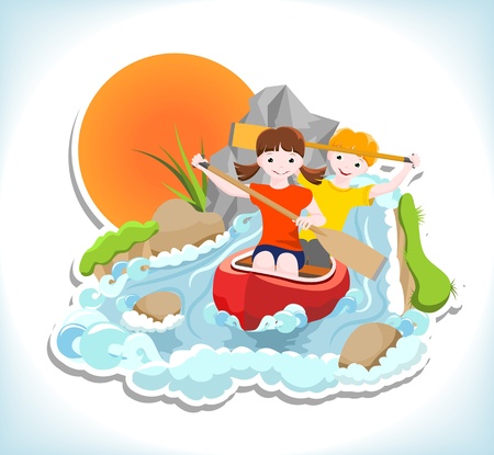girl and boy go down the river on a canoeのイラスト素材