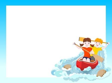 girl and boy go down the river on a canoeのイラスト素材