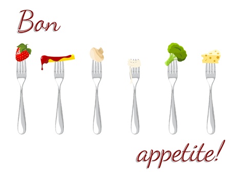 forks with pieces of food - strawberry, cheese,pasta, chips, mushroom and broccoliのイラスト素材