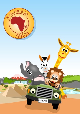 giraffe, elephant, zebra and lion driving green car through african landscape のイラスト素材
