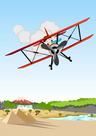 boy and girl flying in a red biplane over african landscape のイラスト素材