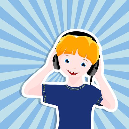 caucasian boy with headphones listening to music のイラスト素材