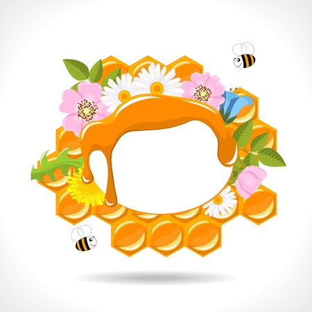 background with honeycomb, honey, flowers and two cartoon bees illustrationのイラスト素材