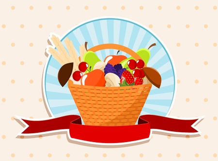 basket with summer fruits - apples, pears, mushrooms, strawberries, blackberries, cherries  and wheat のイラスト素材