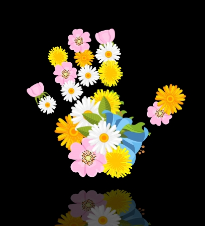 spring flowers in shape of hand on black background with reflectionのイラスト素材