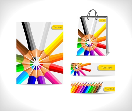 shopping bag and two banners  decorated with circle from colorful crayons - illustrationのイラスト素材